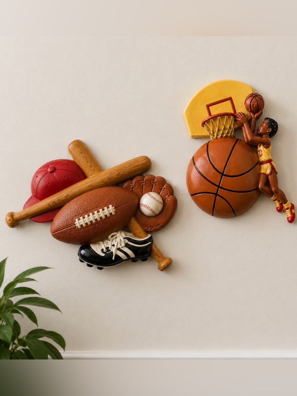 Vintage Burwood Sports Wall Plaque Baseball Football Basketball Game Room Decor